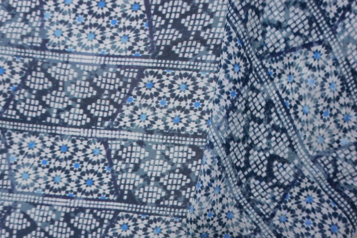 Blue Silk Geometric Border Printed Chiffon Woven Fabric - Image 3