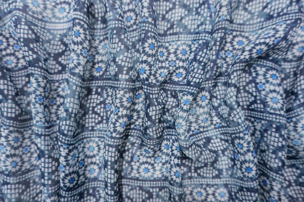 Blue Silk Geometric Border Printed Chiffon Woven Fabric - Image 4