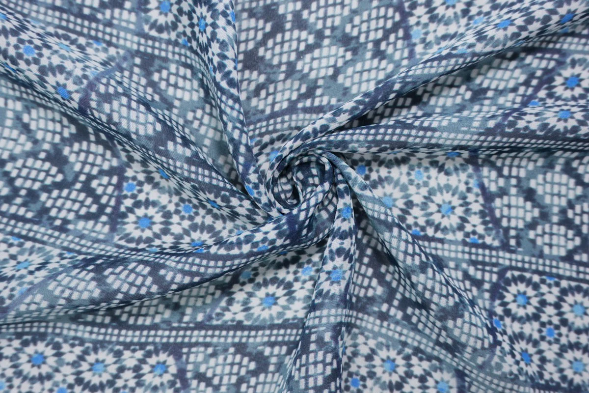 Blue Silk Geometric Border Printed Chiffon Woven Fabric - Image 5