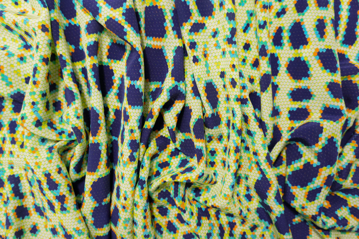 Blue Silk Honeycomb Reptile Printed Crepe De Chine Woven Fabric - Image 3