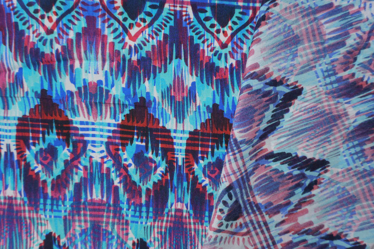 Blue Silk Peacock Tribal Printed Crepe De Chine Woven Fabric - Image 4