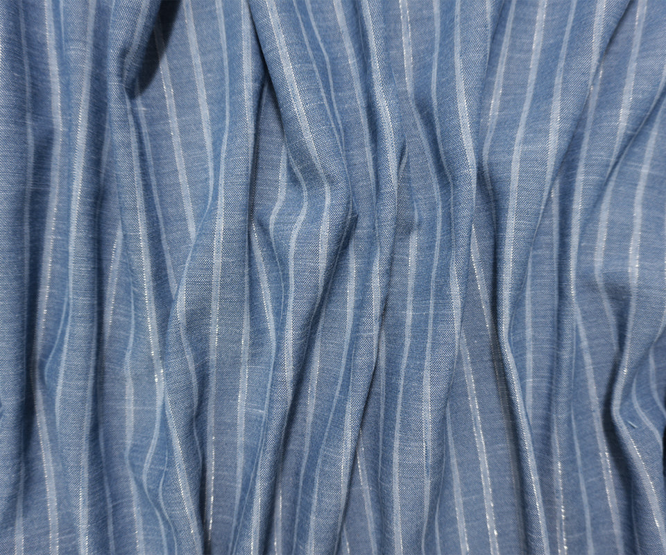 Blue-Silver Famous Maker Linen-like Poly Lurex Stripe Fabric - Image 3