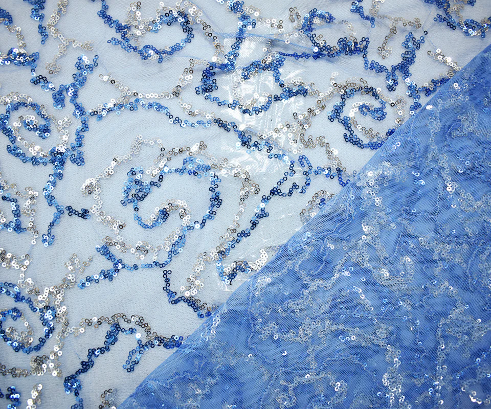 Blue-Silver Nylon Sequined Abstract Swirl Mesh Tulle Fabric - Image 2