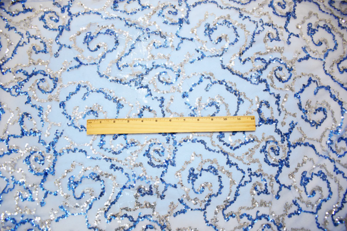 Blue-Silver Nylon Sequined Abstract Swirl Mesh Tulle Fabric - Image 4