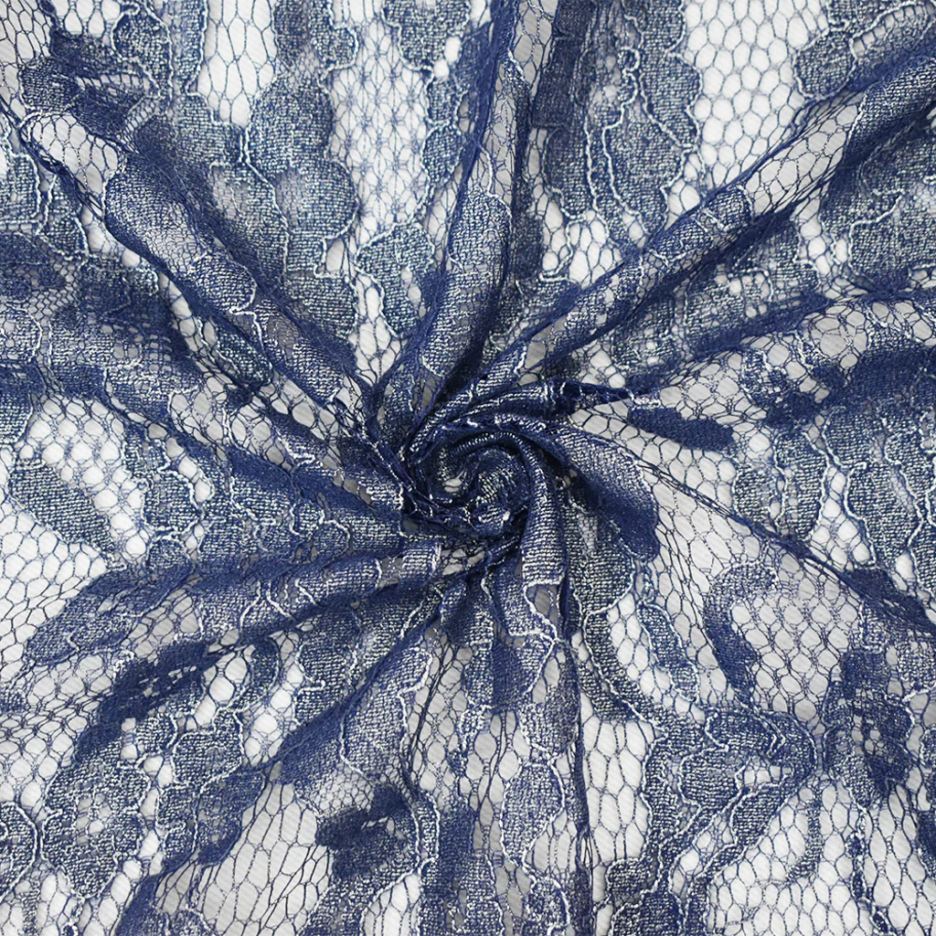 Blue-Silver Poly Nylon Floral Lace Mesh Knit Fabric