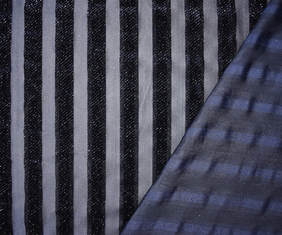 Blue-Sliver Poly Burnout Stripe Stretch Velvet Mesh Knit Fabric - Image 2