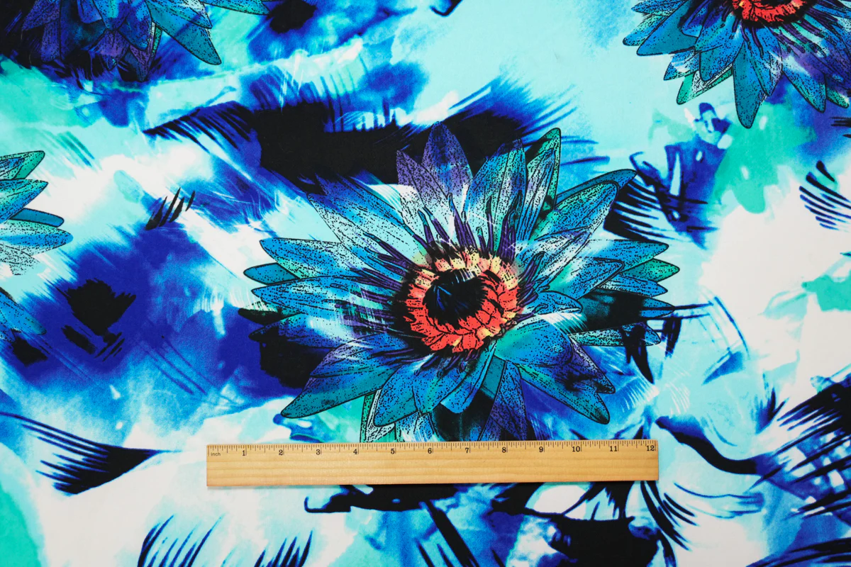 Blue-Teal-Multi Poly Stretch Floral Print ITY Jersey Knit Fabric - Image 3