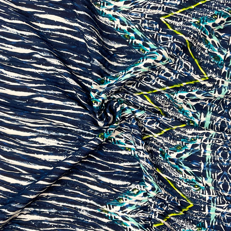 Blue-Turquoise Poly Chevron Border Print Knife Pleat Knit Fabric