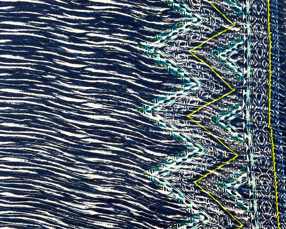 Blue-Turquoise Poly Chevron Border Print Knife Pleat Knit Fabric - Image 3