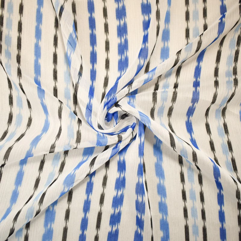 Blue-White-Black Stripe Printed Crinkle Yoryu Chiffon Woven Fabric