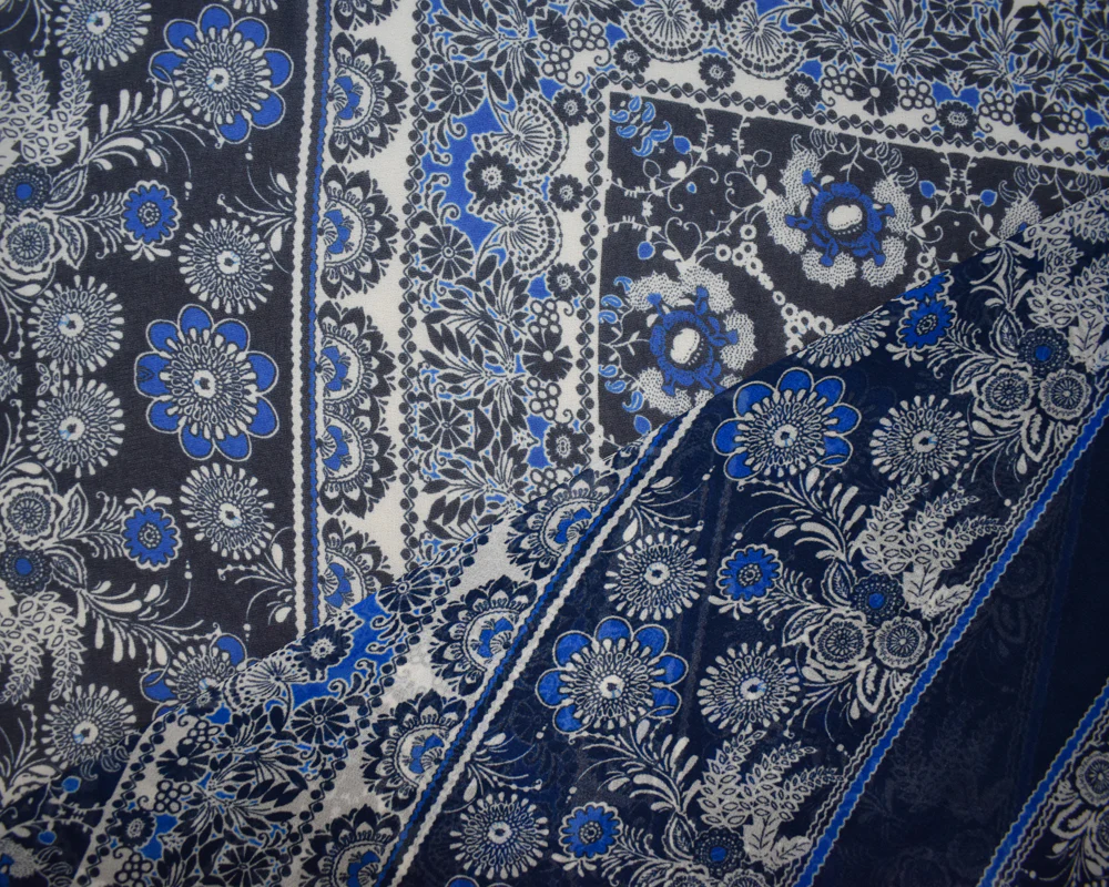 Blue-White Floral Moroccan Bandana PANEL Printed Chiffon Woven Fabric - Image 3