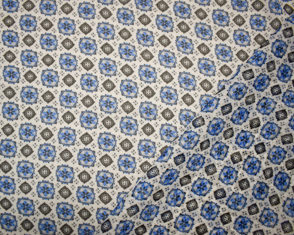 Blue-White-Multi Poly Kaleidoscope Printed Crinkle Yoryu Chiffon Woven Fabric - Image 2