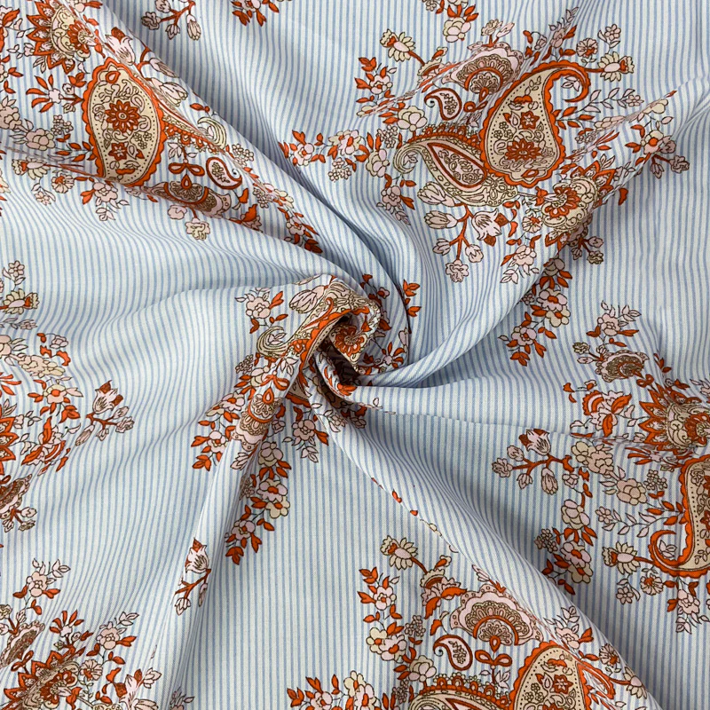 Blue-White-Multi Rayon Paisley Stripe Printed Challis Woven Fabric