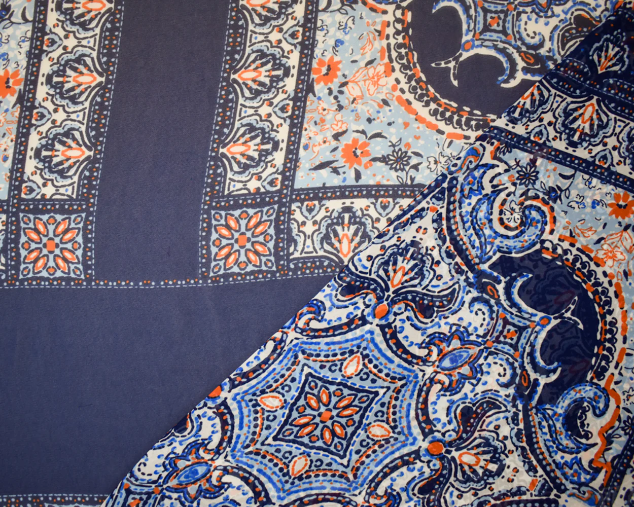 Blue-White-Orange Poly Moroccan Bandana PANEL Printed Chiffon Woven Fabric - Image 3