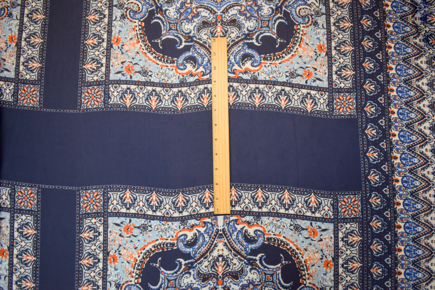 Blue-White-Orange Poly Moroccan Bandana PANEL Printed Chiffon Woven Fabric - Image 4
