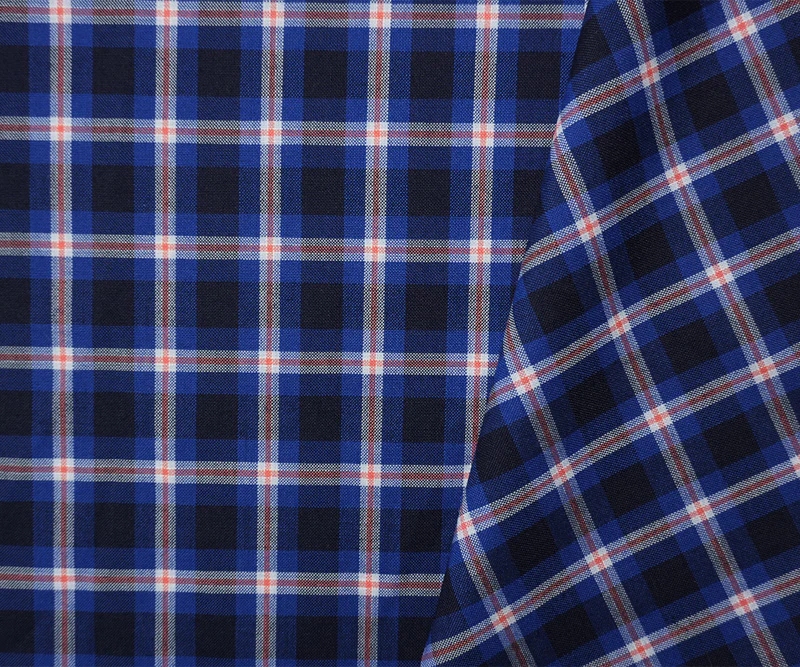 Blue-White-Orange Poly Wool Plaid Woven Shirting Fabric - Image 2
