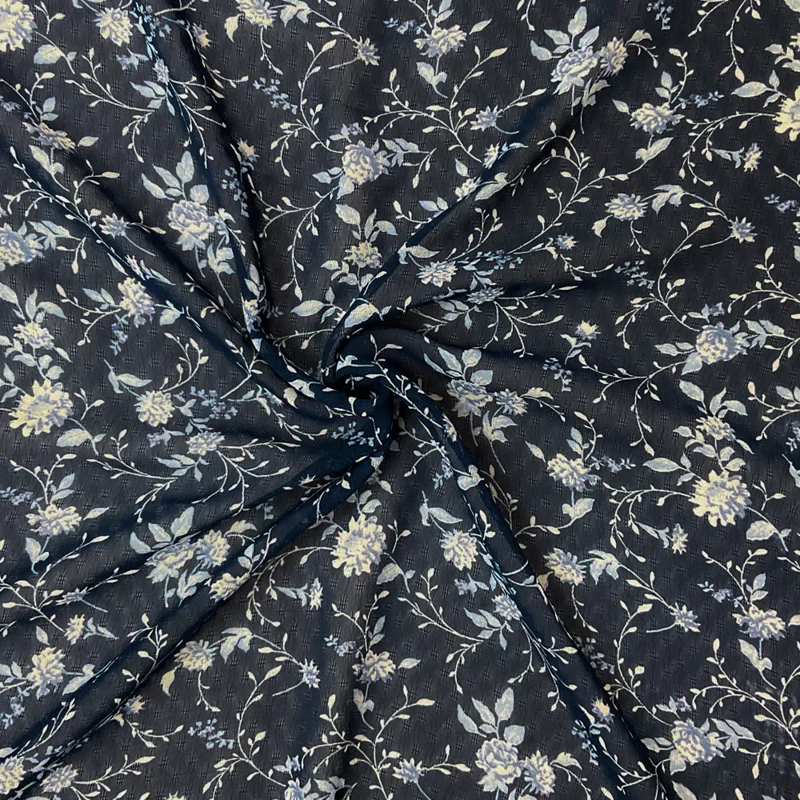Blue-White Poly Floral Printed Dobby Chiffon Woven Fabric