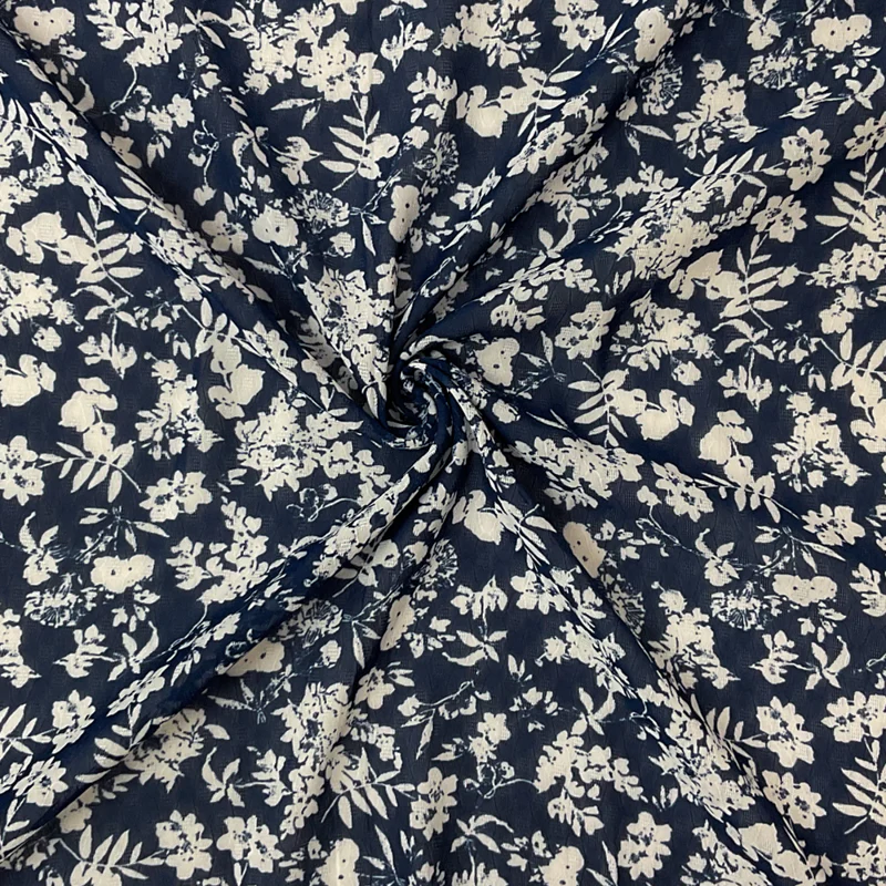 Blue-White Poly Floral Printed Ogee Shape Dobby Chiffon Woven Fabric