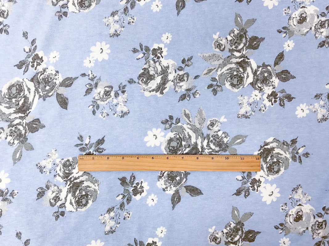 Blue-White Poly Rayon Stretch Floral Print French Terry Knit Fabric - Image 3