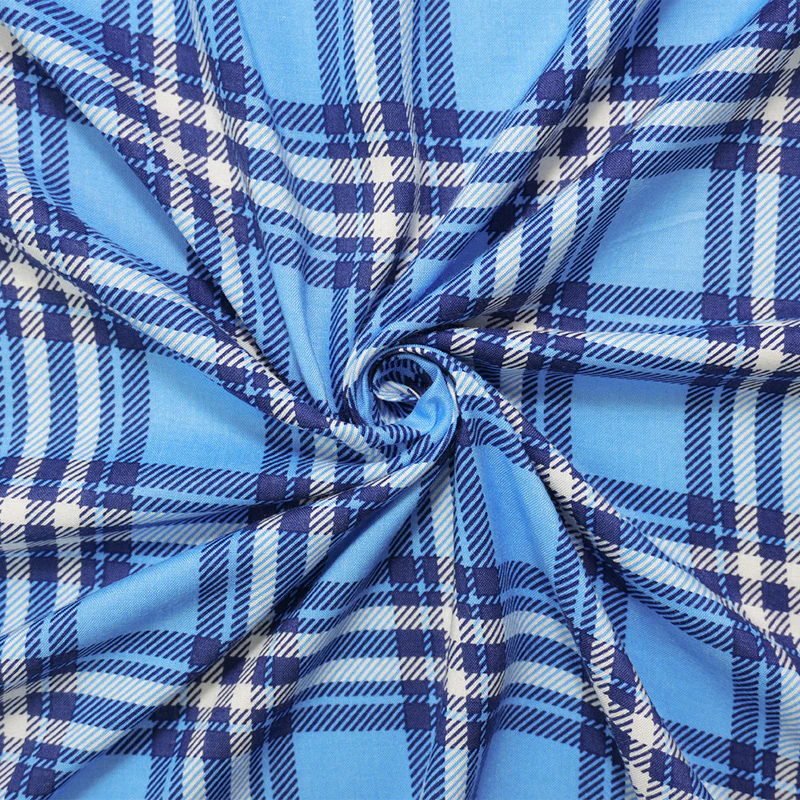 Blue-White Rayon Plaid Printed Challis Woven Fabric