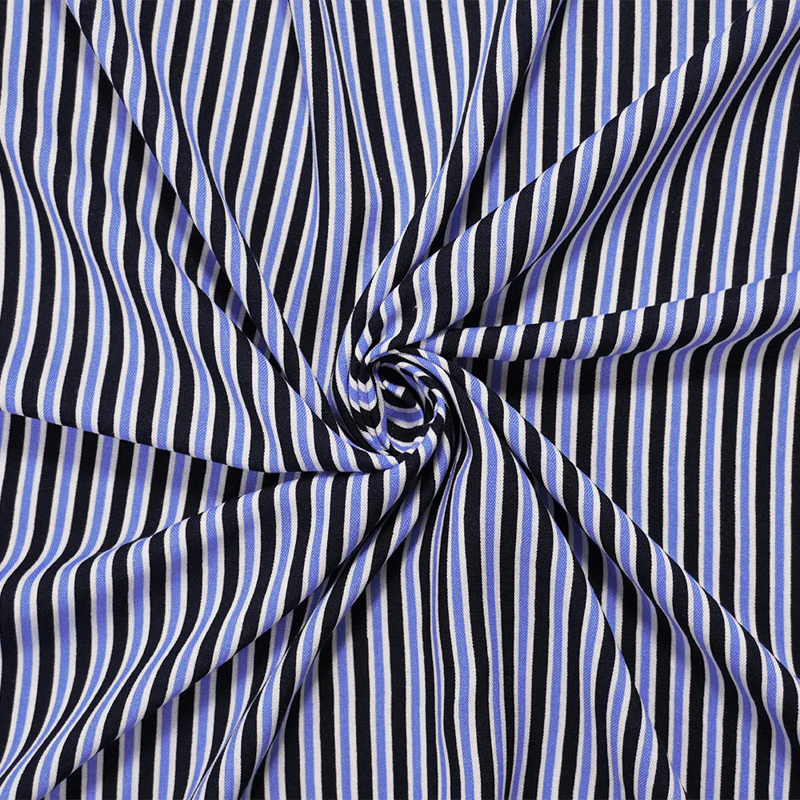 Blue-White Rayon Stripe Printed Challis Woven Fabric