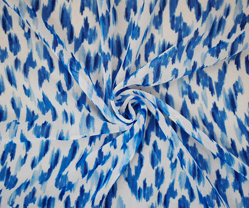 Blue-White Watercolor Ikat Pattern Printed Pebble Chiffon Fabric - Image 3