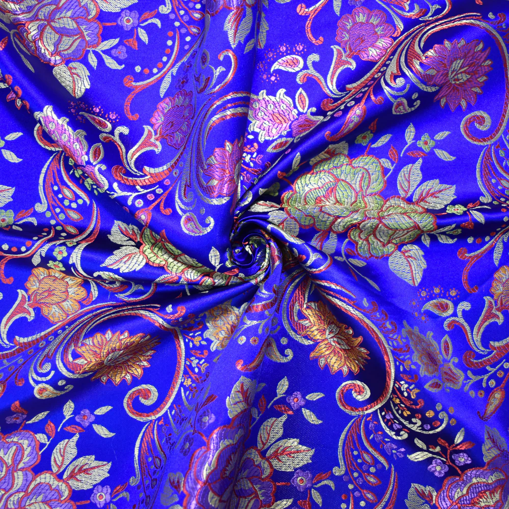 Blue-Yellow-Multi Polyester Floral Vine Chinese Brocade Woven Fabric