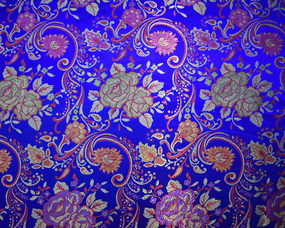 Blue-Yellow-Multi Polyester Floral Vine Chinese Brocade Woven Fabric - Image 2