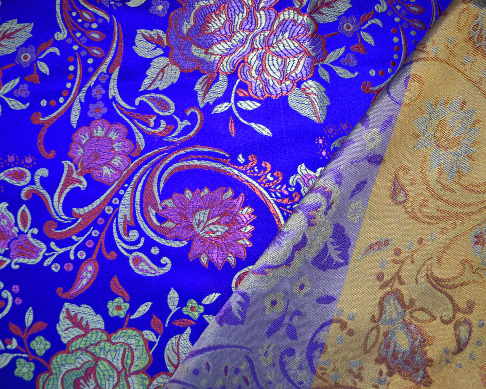 Blue-Yellow-Multi Polyester Floral Vine Chinese Brocade Woven Fabric - Image 3