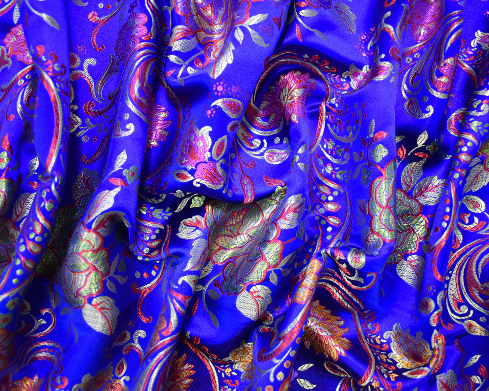 Blue-Yellow-Multi Polyester Floral Vine Chinese Brocade Woven Fabric - Image 4