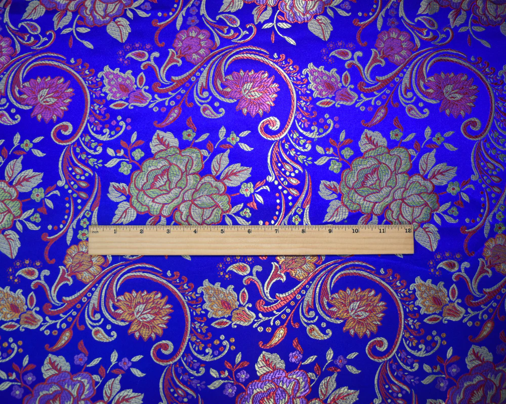 Blue-Yellow-Multi Polyester Floral Vine Chinese Brocade Woven Fabric - Image 5