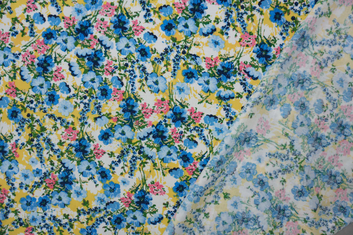 Blue-Yellow-Multi Rayon Floral Printed Challis Woven Fabric - Image 2