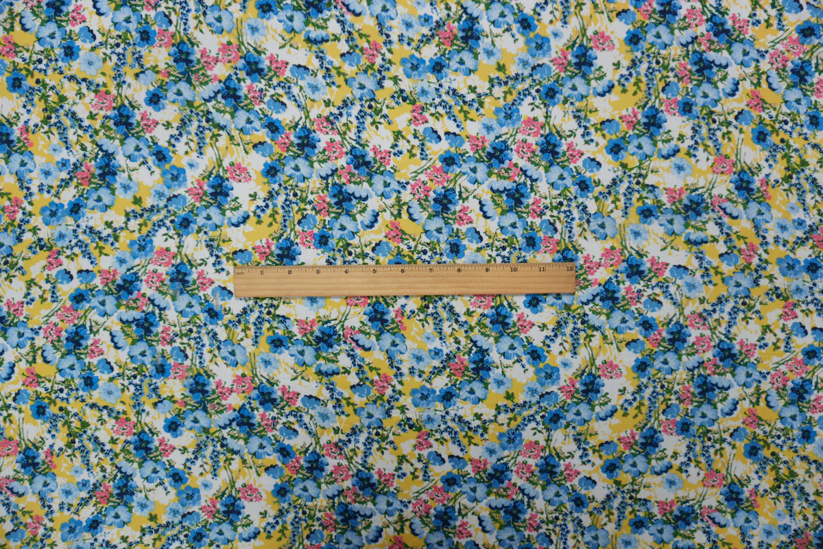 Blue-Yellow-Multi Rayon Floral Printed Challis Woven Fabric - Image 4