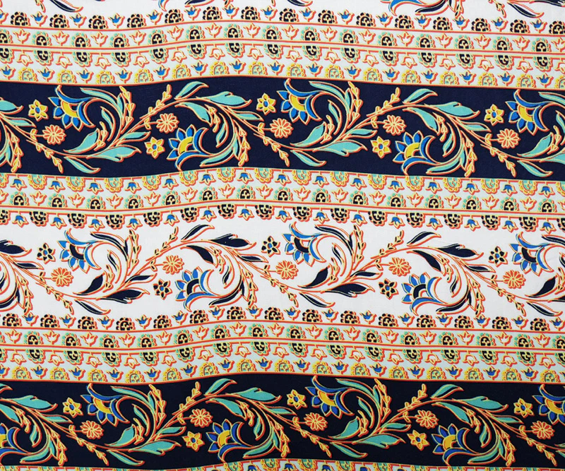 Blue-Yellow-Multi Rayon Floral Stripe Printed Challis Woven Fabric - Image 3