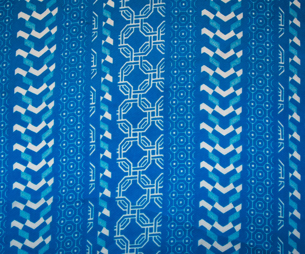 Bright Blue-White Moroccan Geo Striped Printed Chiffon Woven Fabric - Image 3