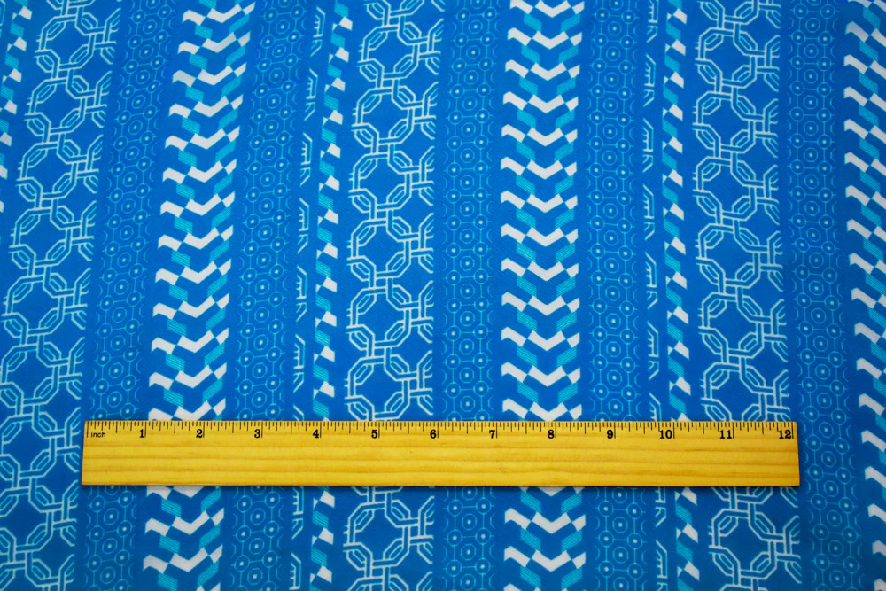 Bright Blue-White Moroccan Geo Striped Printed Chiffon Woven Fabric - Image 4