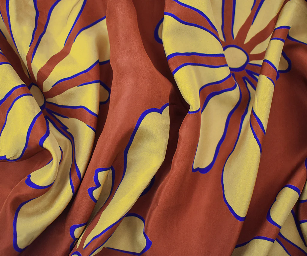 Brown-Beige-Blue Silk Floral Printed Charmeuse Fabric - Image 3