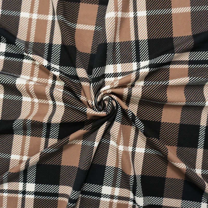 Brown-Black-Ivory Poly Plaid Print Liverpool Double Knit Fabric