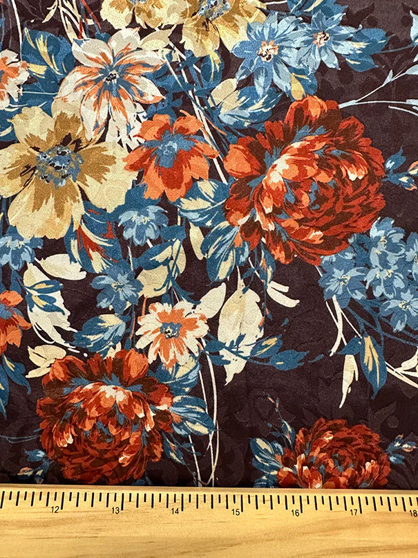 Brown Floral Print Stretch Satin Jacquard Fabric - Image 2