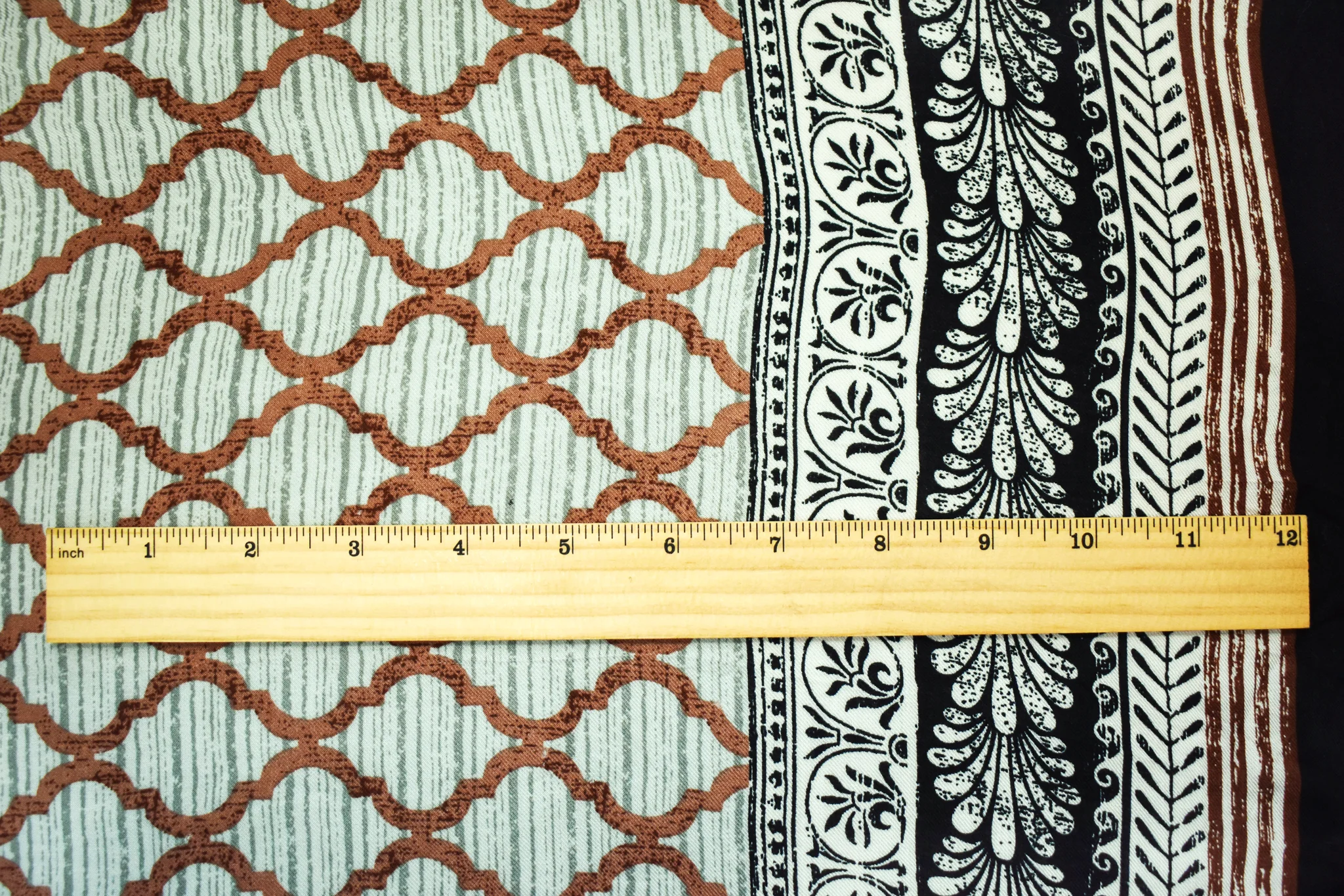 Brown-Gray-Multi Border Multi Pattern Printed Twill Woven Fabric - Image 2