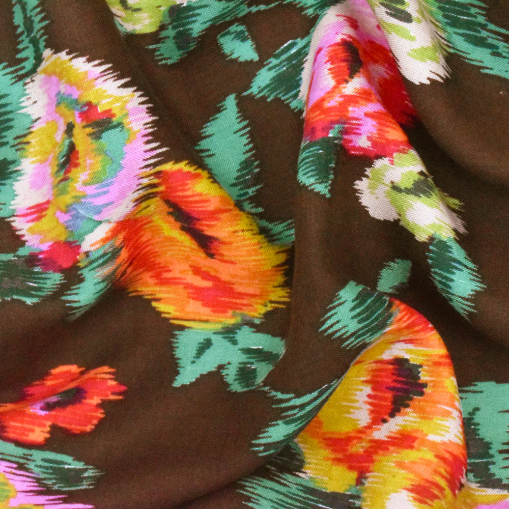 Brown-Green-Multi Ikat Floral Printed Challis Woven Fabric - Image 2