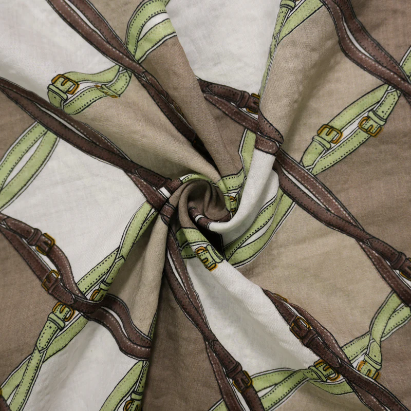 Brown-Green-White Multi Cotton Belt Printed Voile Woven Fabric