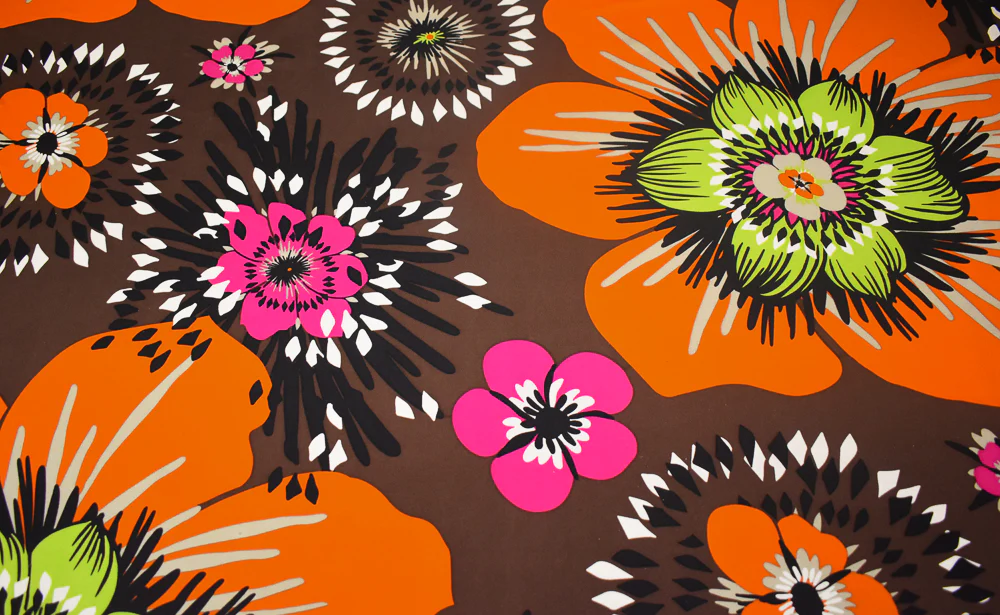 Brown-Lime-Orange-Multi Floral Printed Stretch Silk Jersey Knit Fabric - Image 2
