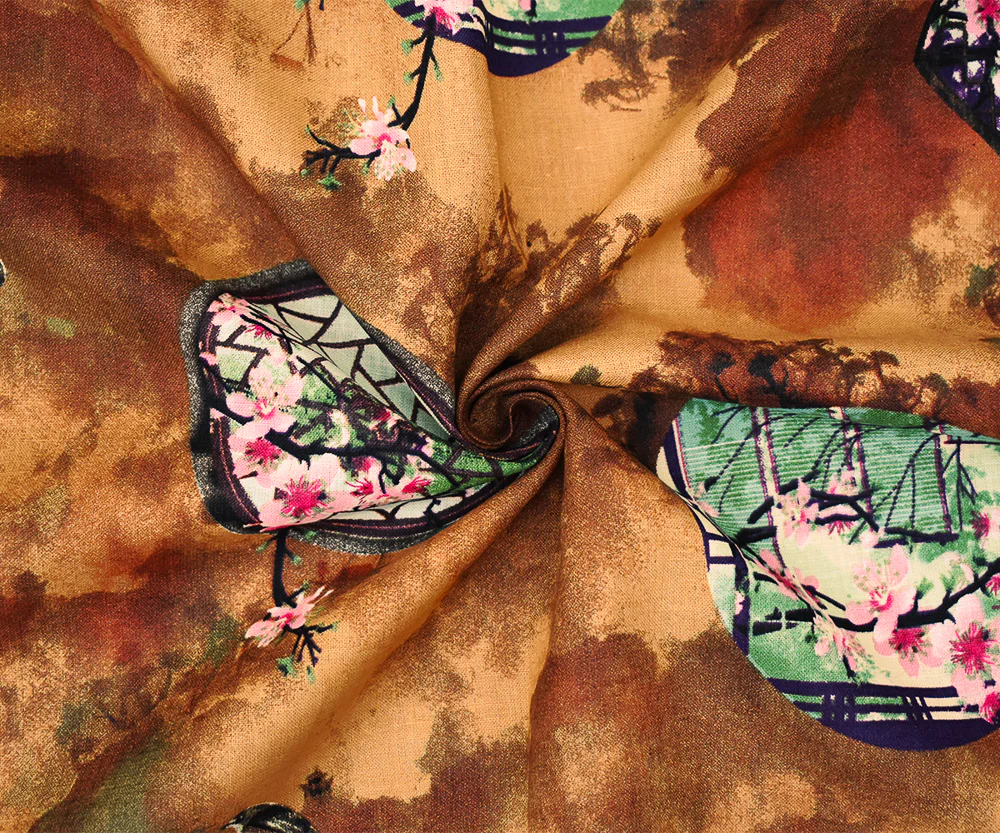 Brown-Mint Green-Multi Cherry Blossom Window Printed Linen Woven Fabric - Image 3