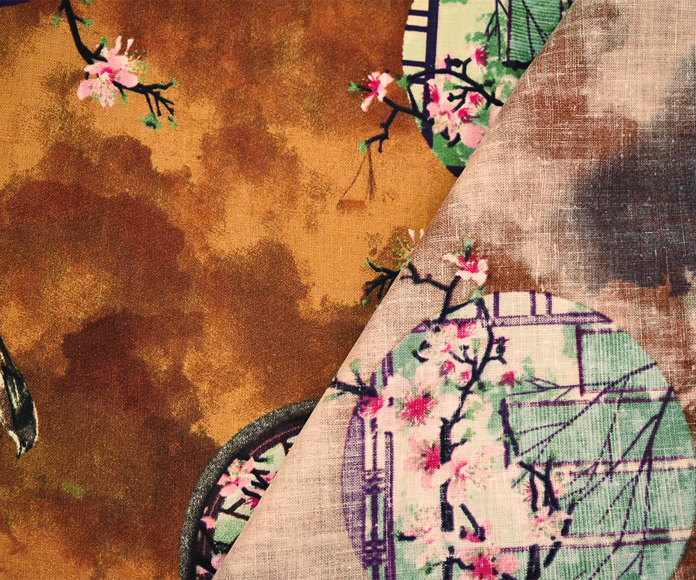 Brown-Mint Green-Multi Cherry Blossom Window Printed Linen Woven Fabric - Image 4