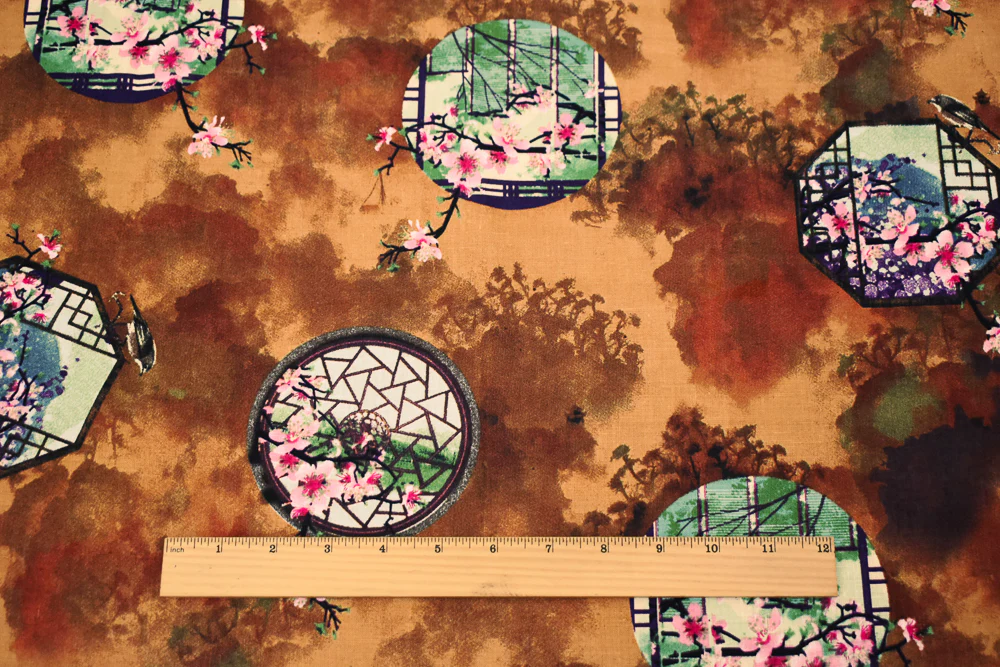 Brown-Mint Green-Multi Cherry Blossom Window Printed Linen Woven Fabric - Image 5