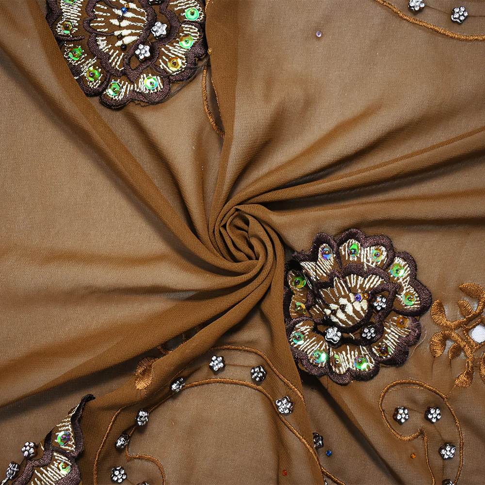 Brown-Multi Poly Embroidered Floral Beaded Rhinestone Scallop Chiffon Fabric - Image 2
