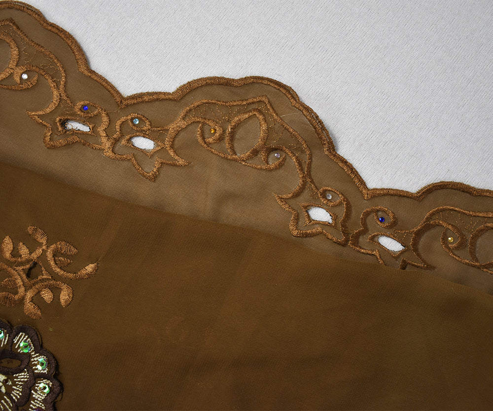Brown-Multi Poly Embroidered Floral Beaded Rhinestone Scallop Chiffon Fabric - Image 3