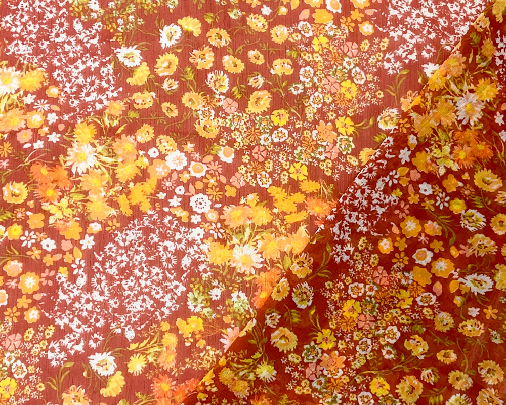 Brown-Multi Poly Floral Printed Crinkle Yoryu Chiffon Woven Fabric - Image 2