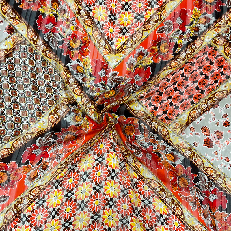 Brown-Multi Poly Floral Printed Satin Stripe Chiffon Woven Fabric